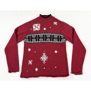 Fashion Bug Women's S Fair Isle Snowflake Christmas Sweater Red White Mock Neck